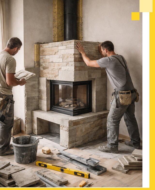 Угловые камины под ключ проект, монтаж и отделка в Дзержинске